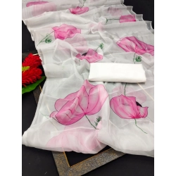 Generic Women's Organza Printed Saree With Unstitched Blouse (5.5Mtr, White)