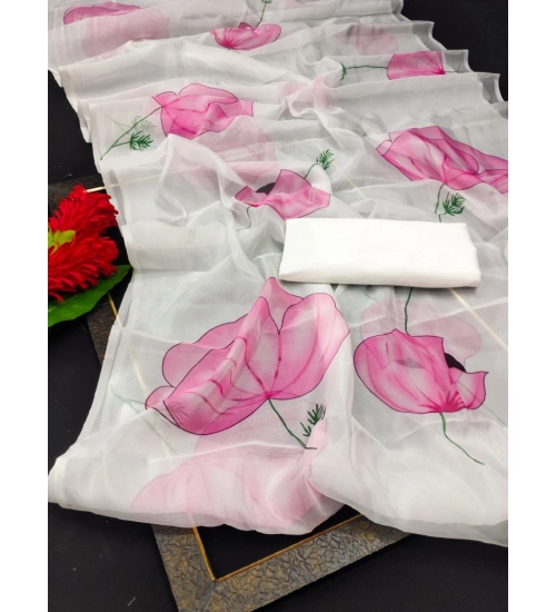 Generic Women's Organza Printed Saree With Unstitched Blouse (5.5Mtr, White)