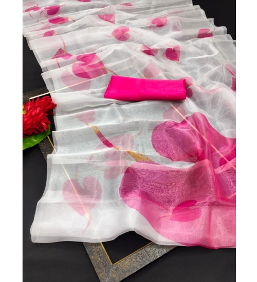 Generic Women's Organza Printed Saree With Unstitched Blouse (5.5Mtr, White)