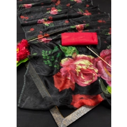Generic Women's Organza Printed Saree With Unstitched Blouse (5.5Mtr, Black)