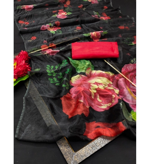 Generic Women's Organza Printed Saree With Unstitched Blouse (5.5Mtr, Black)
