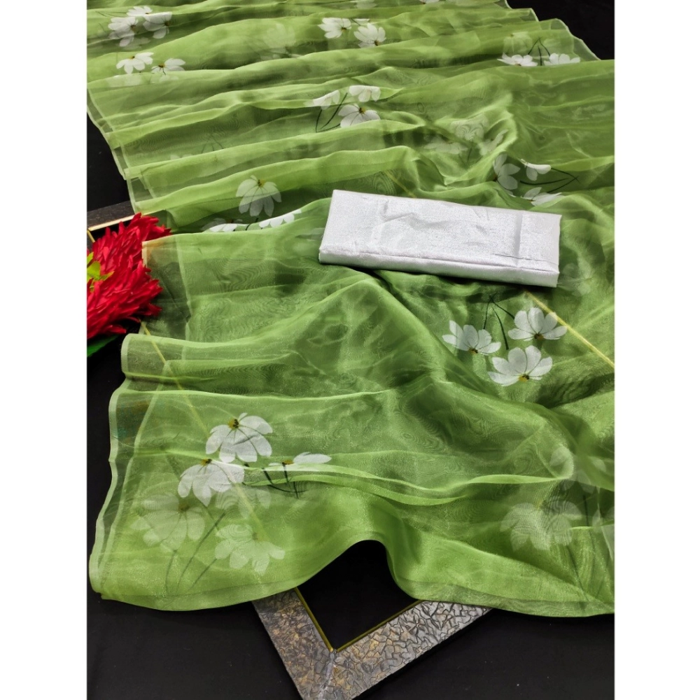 Generic Women's Organza Printed Saree With Unstitched Blouse (5.5Mtr, Mehandi)