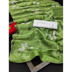 Generic Women's Organza Printed Saree With Unstitched Blouse (5.5Mtr, Mehandi)