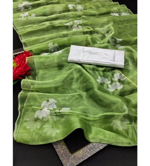 Generic Women's Organza Printed Saree With Unstitched Blouse (5.5Mtr, Mehandi)