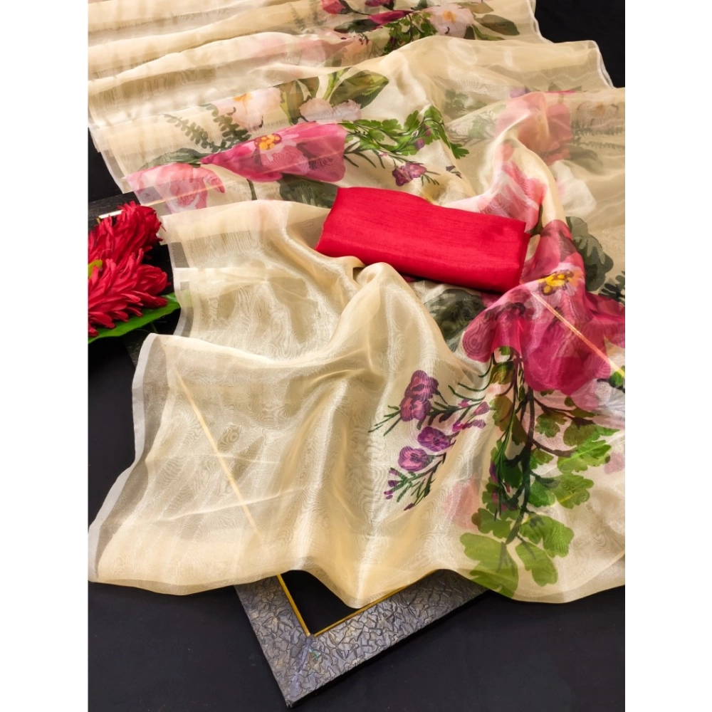 Generic Women's Organza Printed Saree With Unstitched Blouse (5.5Mtr, Yellow)