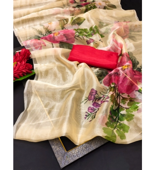 Generic Women's Organza Printed Saree With Unstitched Blouse (5.5Mtr, Yellow)