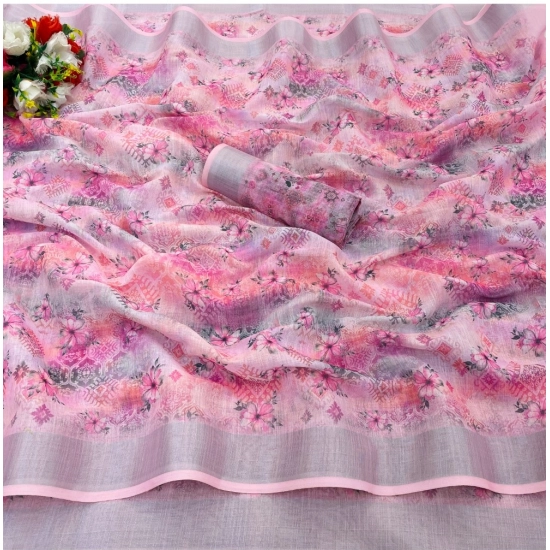 Generic Women's Cotton Linen Printed Saree With Unstitched Blouse (5.5Mtr, Pink)