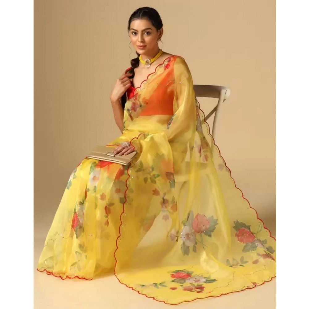 Generic Women's Organza Printed Saree With Unstitched Blouse (5.5Mtr, Yellow)