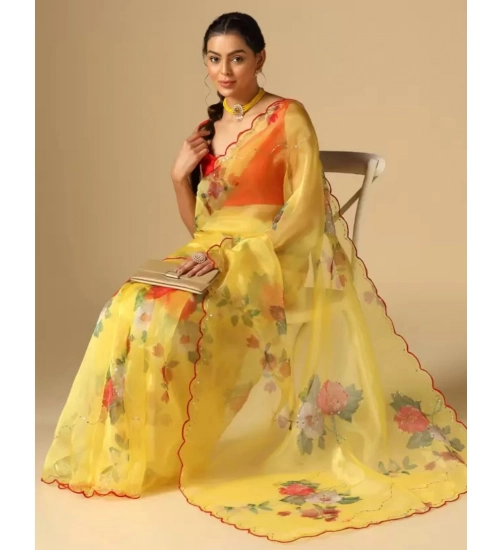Generic Women's Organza Printed Saree With Unstitched Blouse (5.5Mtr, Yellow)