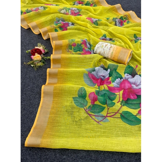 Generic Women's Cotton Linen Printed Saree With Unstitched Blouse (5.5Mtr, Yellow)