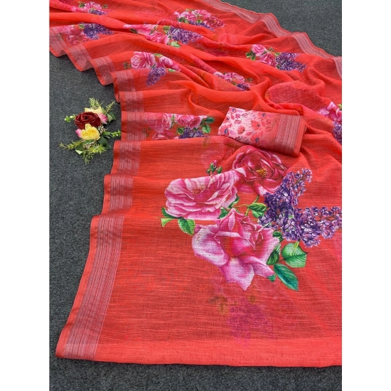 Generic Women's Cotton Linen Printed Saree With Unstitched Blouse (5.5Mtr, Red)