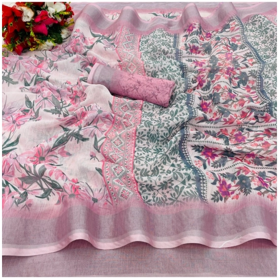Generic Women's Cotton Linen Printed Saree With Unstitched Blouse (5.5Mtr, Pink) Generic Women's Cotton Linen Printed Saree With Unstitched Blouse (5.5Mtr, Pink)