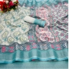 Generic Women's Cotton Linen Printed Saree With Unstitched Blouse (5.5Mtr, Turquoise Blue)