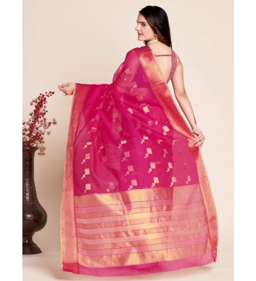 Generic Women's Silk Blend Printed Banarasi Saree With Unstitched Blouse (5.5Mtr, Pink)