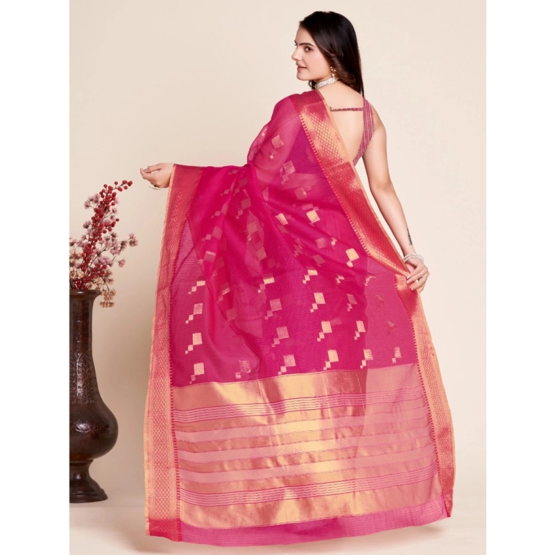 Women's Silk Blend Printed Banarasi Saree With Unstitched Blouse (5.5Mtr, Pink)