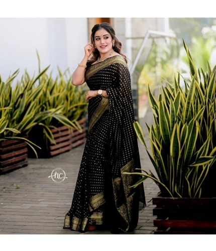 Generic Women's Silk Woven Kanjivaram Saree With Unstitched Blouse (5.5Mtr, Black)