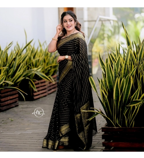 Generic Women's Silk Woven Kanjivaram Saree With Unstitched Blouse (5.5Mtr, Black)