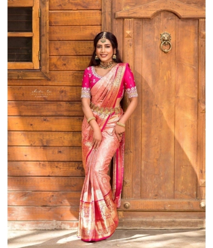Generic Women's Silk Blend Self Design Banarasi Saree With Unstitched Blouse (5.5Mtr, Peach)