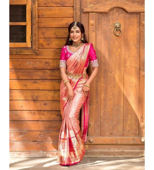 Generic Women's Silk Blend Self Design Banarasi Saree With Unstitched Blouse (5.5Mtr, Peach)