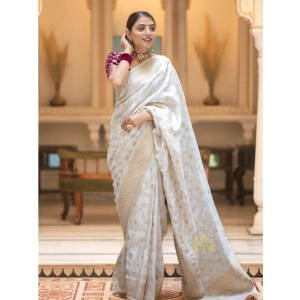 Generic Women's Silk Woven Kanjivaram Saree With Unstitched Blouse (5.5Mtr, White)