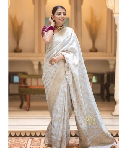 Generic Women's Silk Woven Kanjivaram Saree With Unstitched Blouse (5.5Mtr, White)