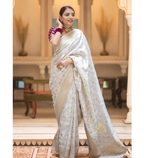 Generic Women's Silk Woven Kanjivaram Saree With Unstitched Blouse (5.5Mtr, White)