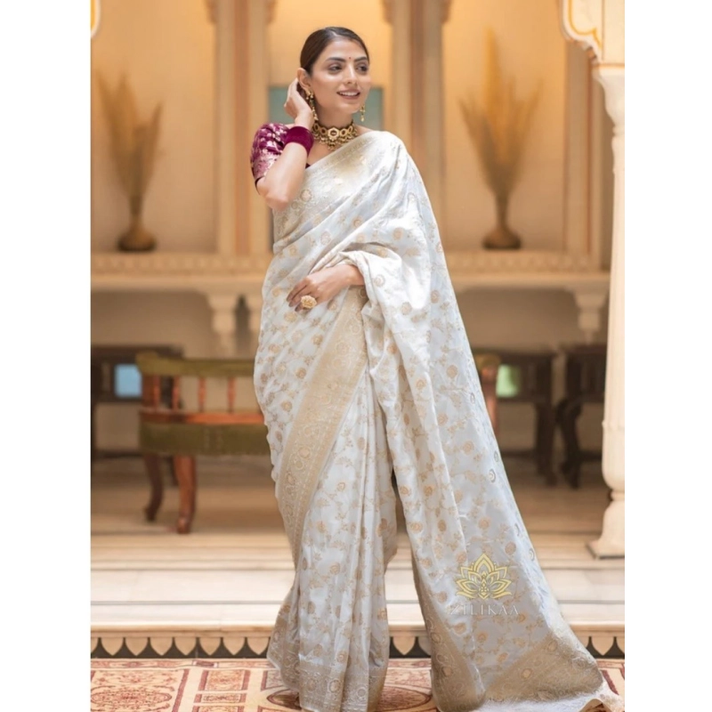 Women's Silk Woven Kanjivaram Saree With Unstitched Blouse (5.5Mtr, White) Women's Silk Woven Kanjivaram Saree With Unstitched Blouse (5.5Mtr, White)