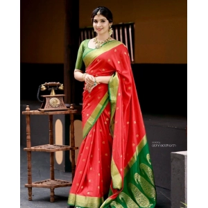 Generic Women's Silk Blend Self Design Banarasi Saree With Unstitched Blouse (5.5Mtr, Red Green)