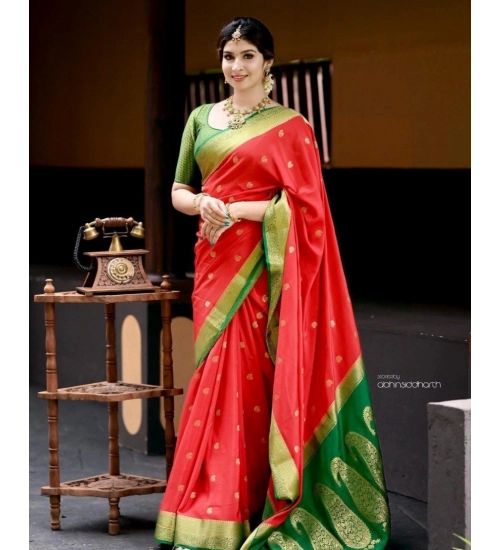 Generic Women's Silk Blend Self Design Banarasi Saree With Unstitched Blouse (5.5Mtr, Red Green)
