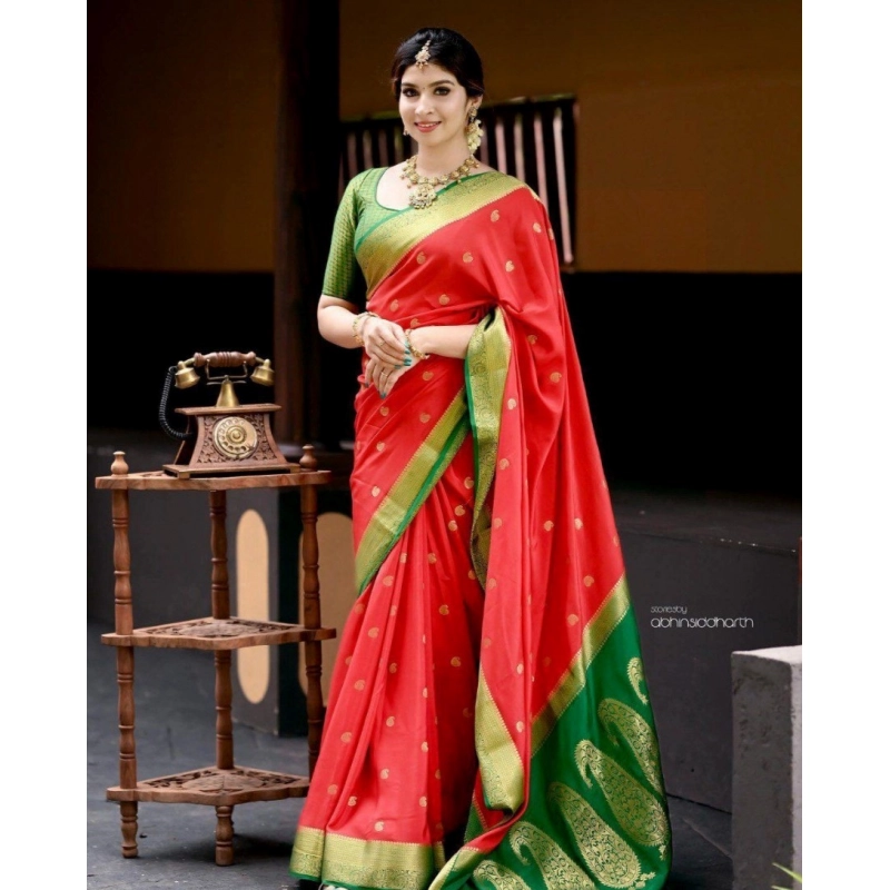 Women's Silk Blend Self Design Banarasi Saree With Unstitched Blouse (5.5Mtr, Red Green)