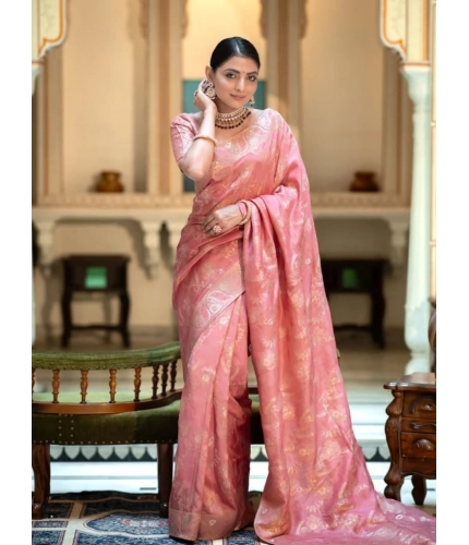 Generic Women's Art Silk Embellished Kanjivaram Saree With Unstitched Blouse (5.5Mtr, Peach)