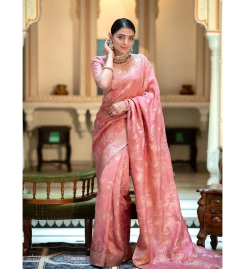 Generic Women's Art Silk Embellished Kanjivaram Saree With Unstitched Blouse (5.5Mtr, Peach)