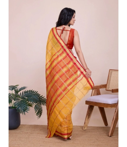 Generic Women's Cotton Silk Checkered Kota Doria Saree With Unstitched Blouse (5.5Mtr, Yellow)
