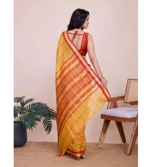 Generic Women's Cotton Silk Checkered Kota Doria Saree With Unstitched Blouse (5.5Mtr, Yellow)