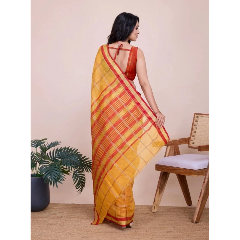 Women's Cotton Silk Checkered Kota Doria Saree With Unstitched Blouse (5.5Mtr, Yellow) Women's Cotton Silk Checkered Kota Doria Saree With Unstitched Blouse (5.5Mtr, Yellow)