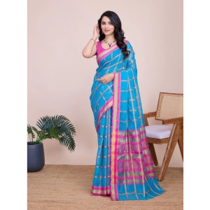 Generic Women's Cotton Silk Checkered Kota Doria Saree With Unstitched Blouse (5.5Mtr, Sky Blue)