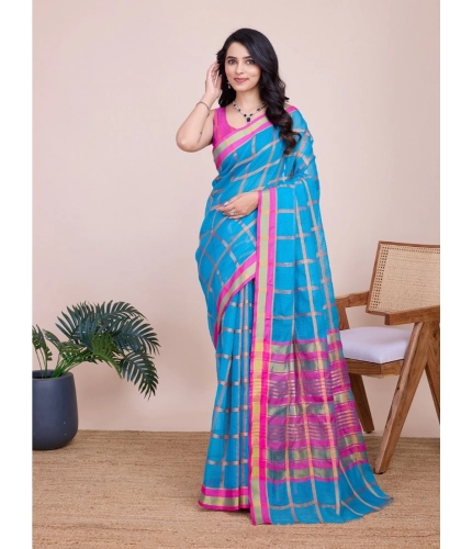 Generic Women's Cotton Silk Checkered Kota Doria Saree With Unstitched Blouse (5.5Mtr, Sky Blue)