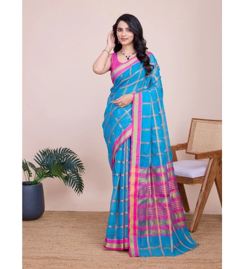Generic Women's Cotton Silk Checkered Kota Doria Saree With Unstitched Blouse (5.5Mtr, Sky Blue)