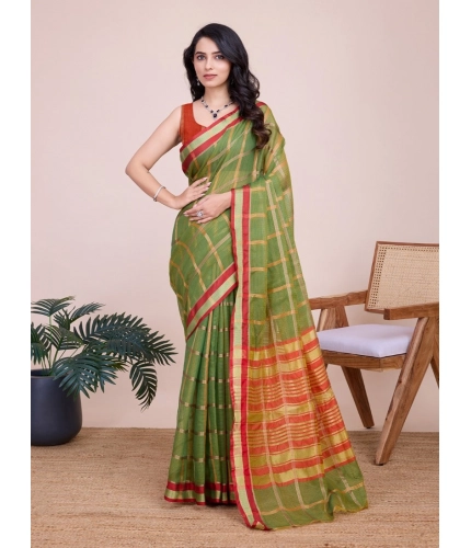 Generic Women's Cotton Silk Checkered Kota Doria Saree With Unstitched Blouse (5.5Mtr, Mehendi)