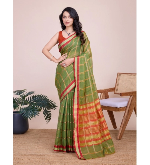 Generic Women's Cotton Silk Checkered Kota Doria Saree With Unstitched Blouse (5.5Mtr, Mehendi)