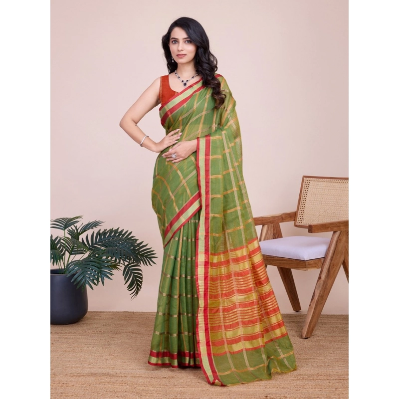 Women's Cotton Silk Checkered Kota Doria Saree With Unstitched Blouse (5.5Mtr, Mehendi) Women's Cotton Silk Checkered Kota Doria Saree With Unstitched Blouse (5.5Mtr, Mehendi)