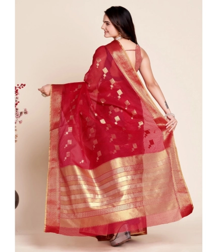 Generic Women's Silk Blend Printed Banarasi Saree With Unstitched Blouse (5.5Mtr, Dark Rani)