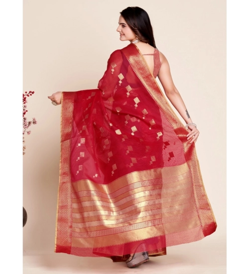 Generic Women's Silk Blend Printed Banarasi Saree With Unstitched Blouse (5.5Mtr, Dark Rani)