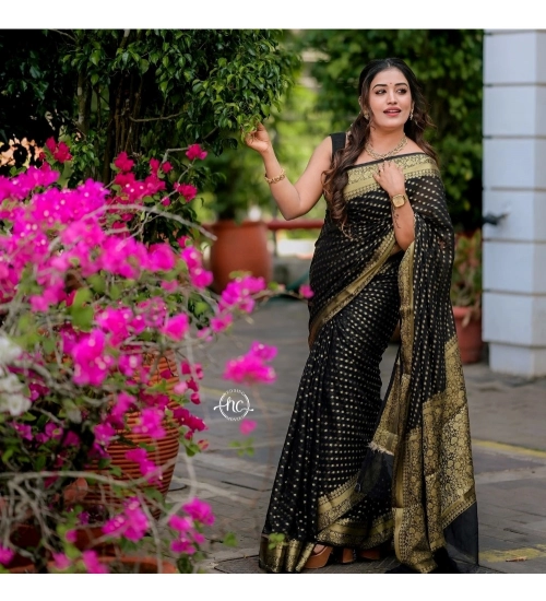 Generic Women's Silk Woven Kanjivaram Saree With Unstitched Blouse (5.5Mtr, Black)