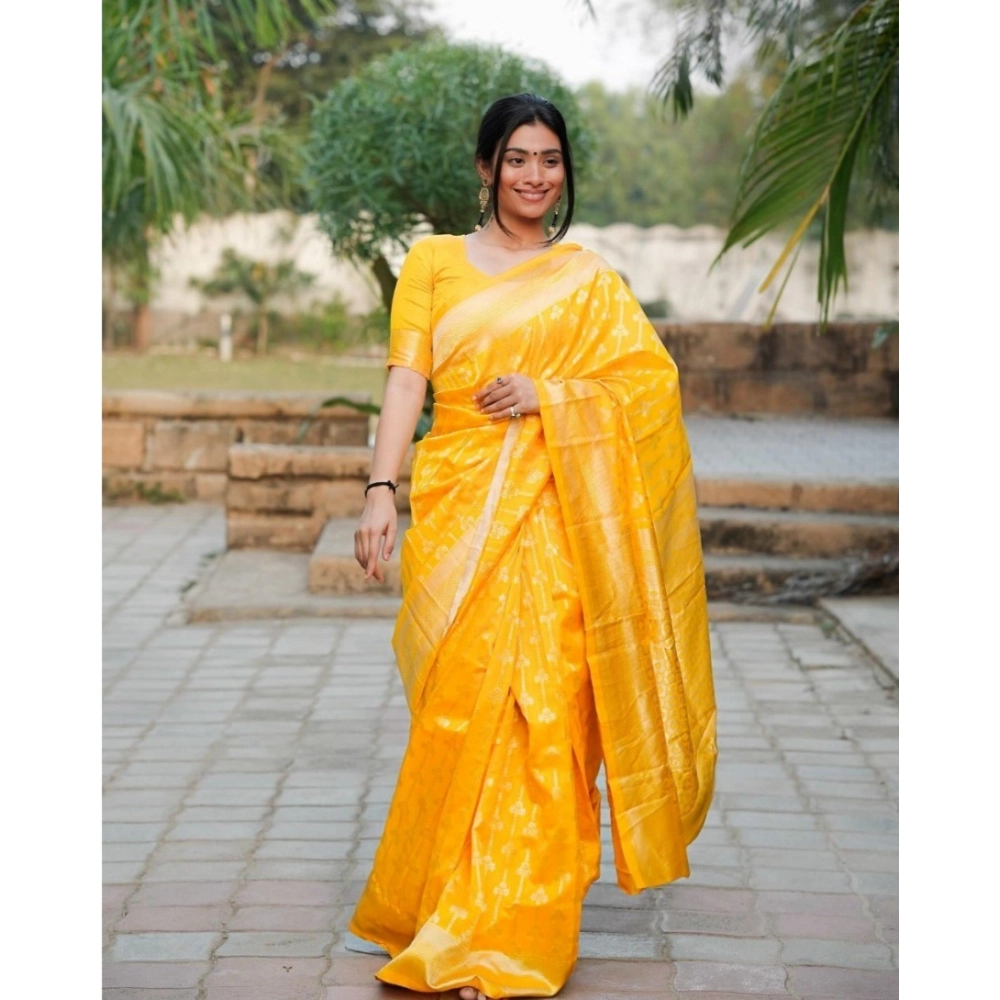 Generic Women's Silk Blend Self Design Banarasi Saree With Unstitched Blouse (5.5Mtr, Yellow) Generic Women's Silk Blend Self Design Banarasi Saree With Unstitched Blouse (5.5Mtr, Yellow)