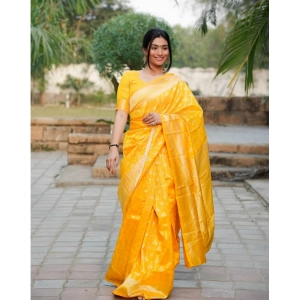 Generic Women's Silk Blend Self Design Banarasi Saree With Unstitched Blouse (5.5Mtr, Yellow)