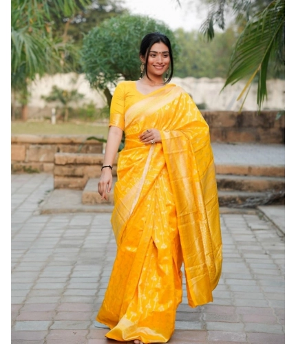 Generic Women's Silk Blend Self Design Banarasi Saree With Unstitched Blouse (5.5Mtr, Yellow)
