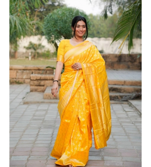 Generic Women's Silk Blend Self Design Banarasi Saree With Unstitched Blouse (5.5Mtr, Yellow)