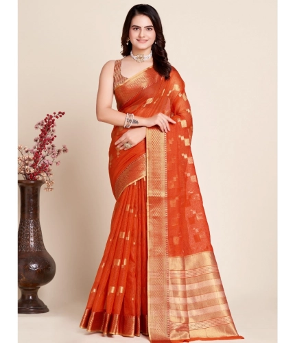 Generic Women's Silk Blend Printed Banarasi Saree With Unstitched Blouse (5.5Mtr, Red)