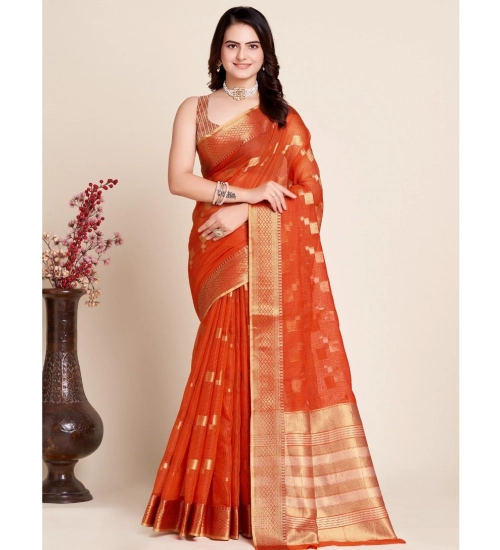 Generic Women's Silk Blend Printed Banarasi Saree With Unstitched Blouse (5.5Mtr, Red)
